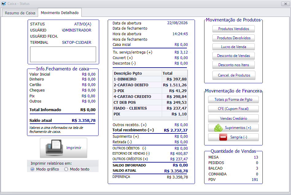 Resumo de caixa por forma de pagamento com suprimentos e sangrias