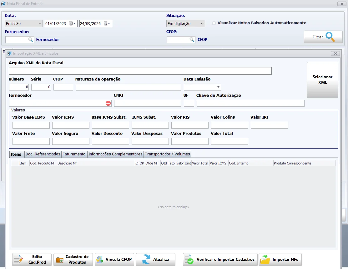 Importação de XML de nota fiscal de entrada