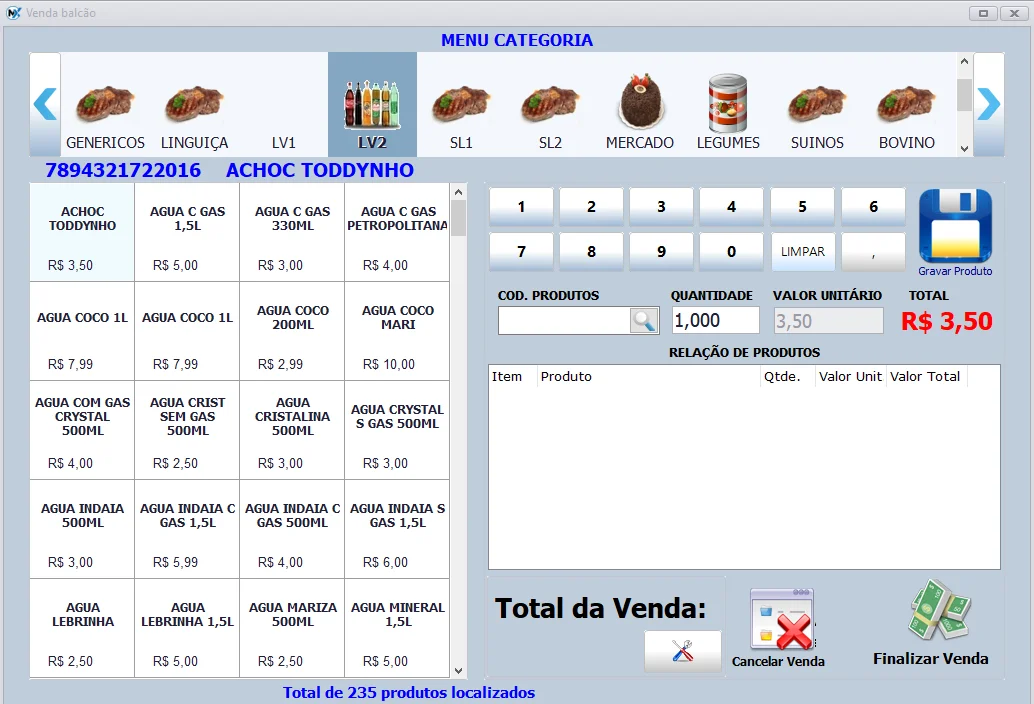 Venda touch: categorias, grade de produtos com preço e finalização