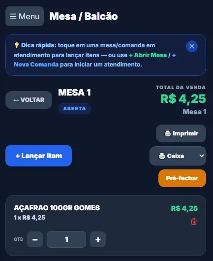 Tela real do atendimento de mesa no celular
