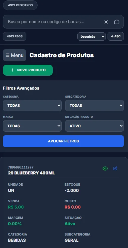 Lista de produtos com filtros no celular